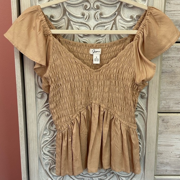 Japna tan short flutter sleeved smocked bohemian chic  peasant top size S - Picture 1 of 4